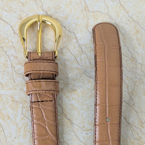 Vintage Lemie Genuine Leather Tan Embossed Gator Italian Belt Gold Tone Buckle - Picture 2 of 14